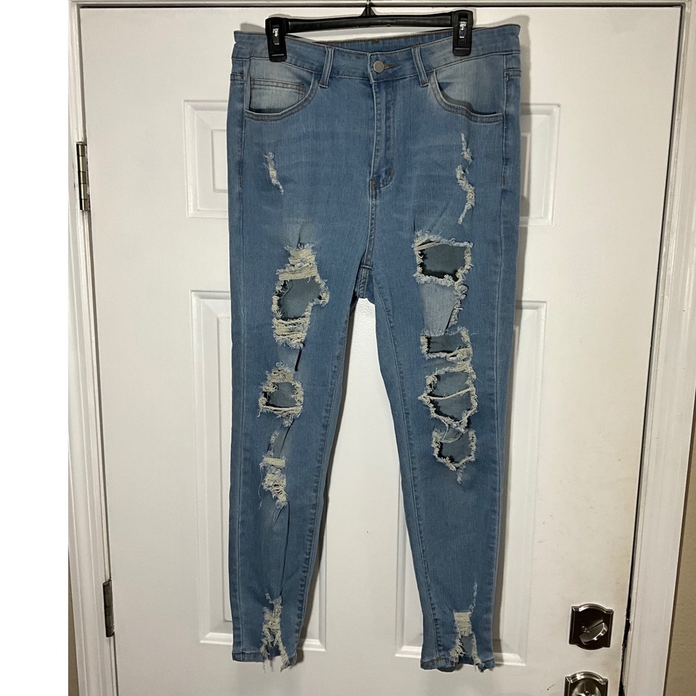 SHEIN Curve Distressed Ripped Skinny Jeans Light Wash Blue 1XL Distressed Edgy
